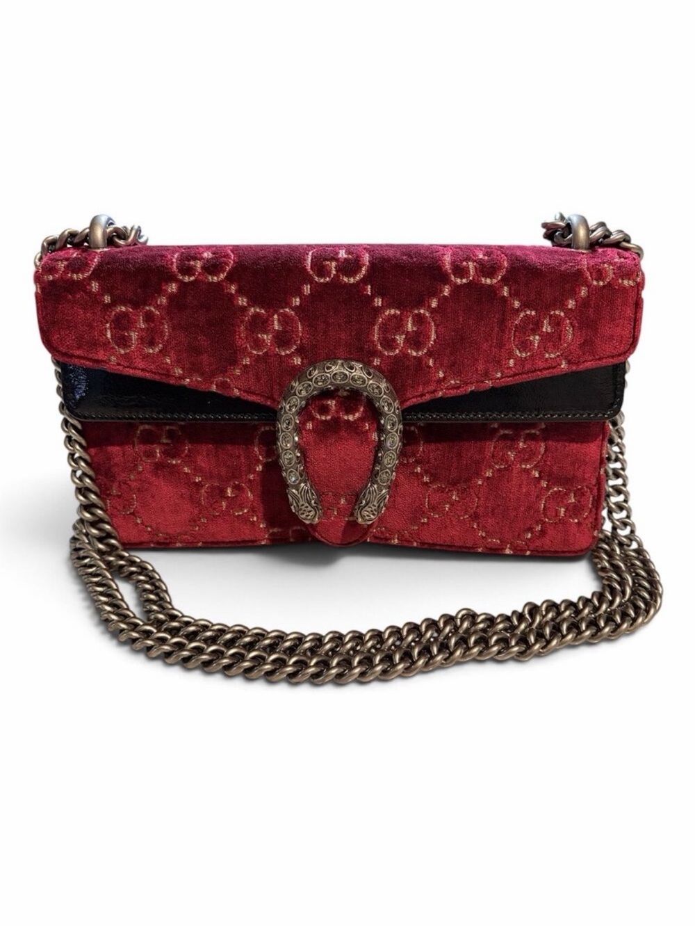 Gucci Dionysus Burgundy GG Jacquard Velvet Crystal Tiger Head Shoulder Bag w/COA